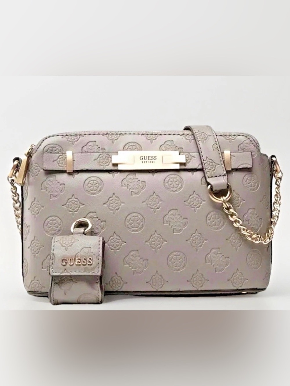 GUESS logo Embossed faux-leather Double zip Crossbody bag -Gray/Gold SEE